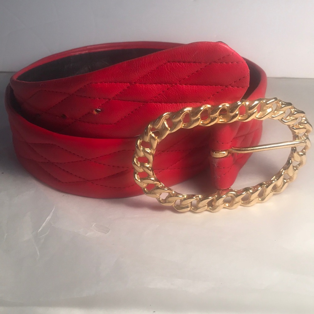 Jill Stewart Red Quilted Belt Gold Tone Buckle